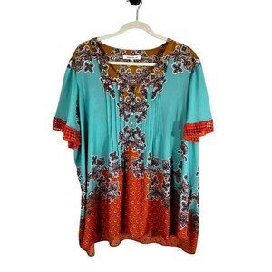 Colorful Floral Top 2X Blue Flowy Boho Indie Folk Paisley Lace Artsy Tropical